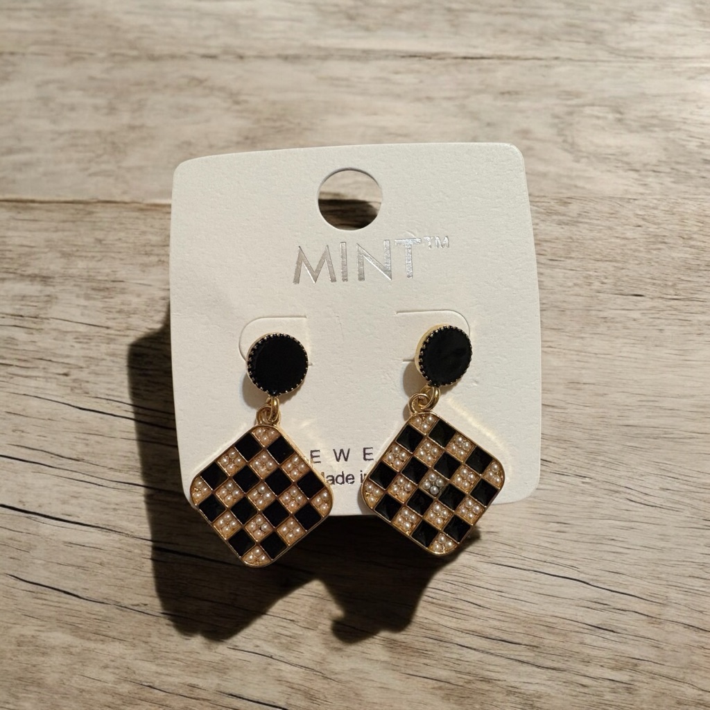 Mint Gold And Black Checkered Earrings 10$